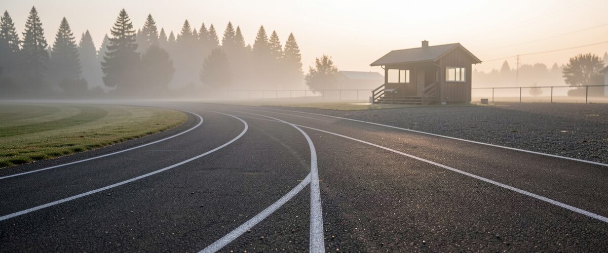 A cinder running track at first light, lane lines fading into the mist beyond a small clubhouse