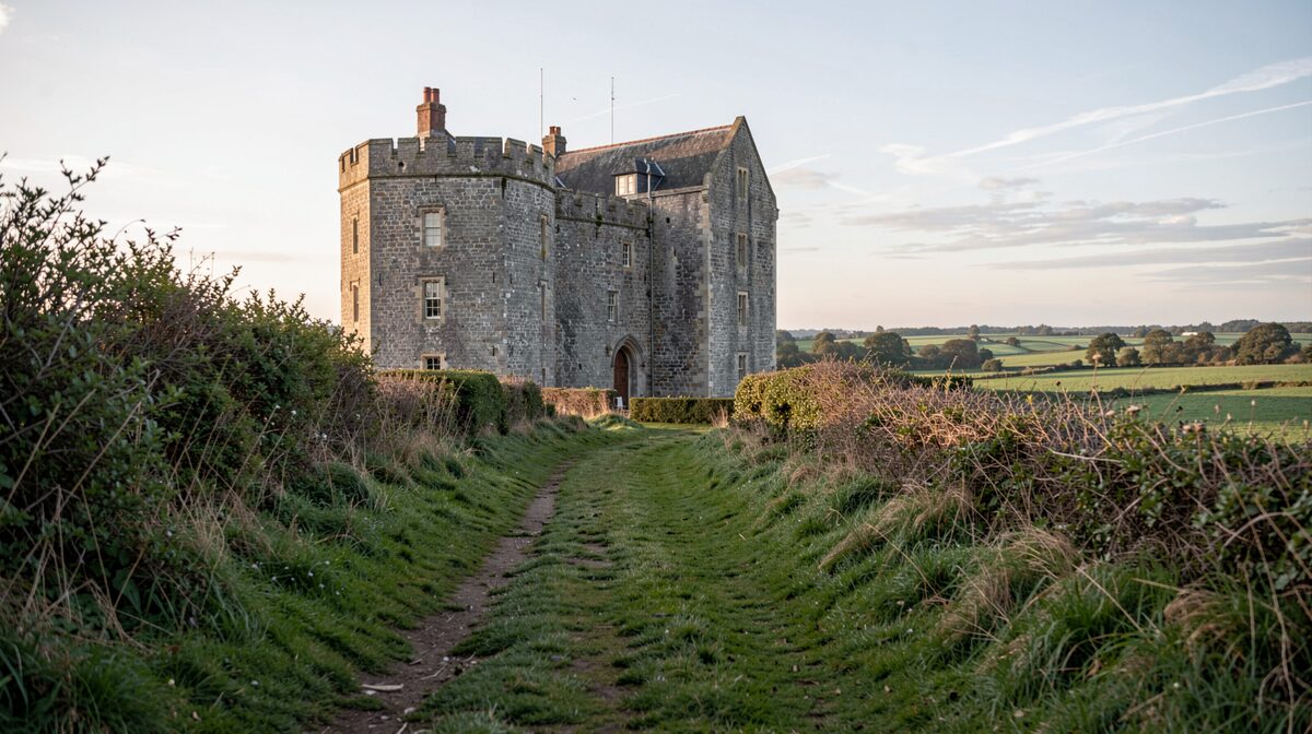 The flint and stone walls of a Norman keep seen from a grass footpath at first light, hedgerows and low Essex fields in the frame, wide landscape shot.