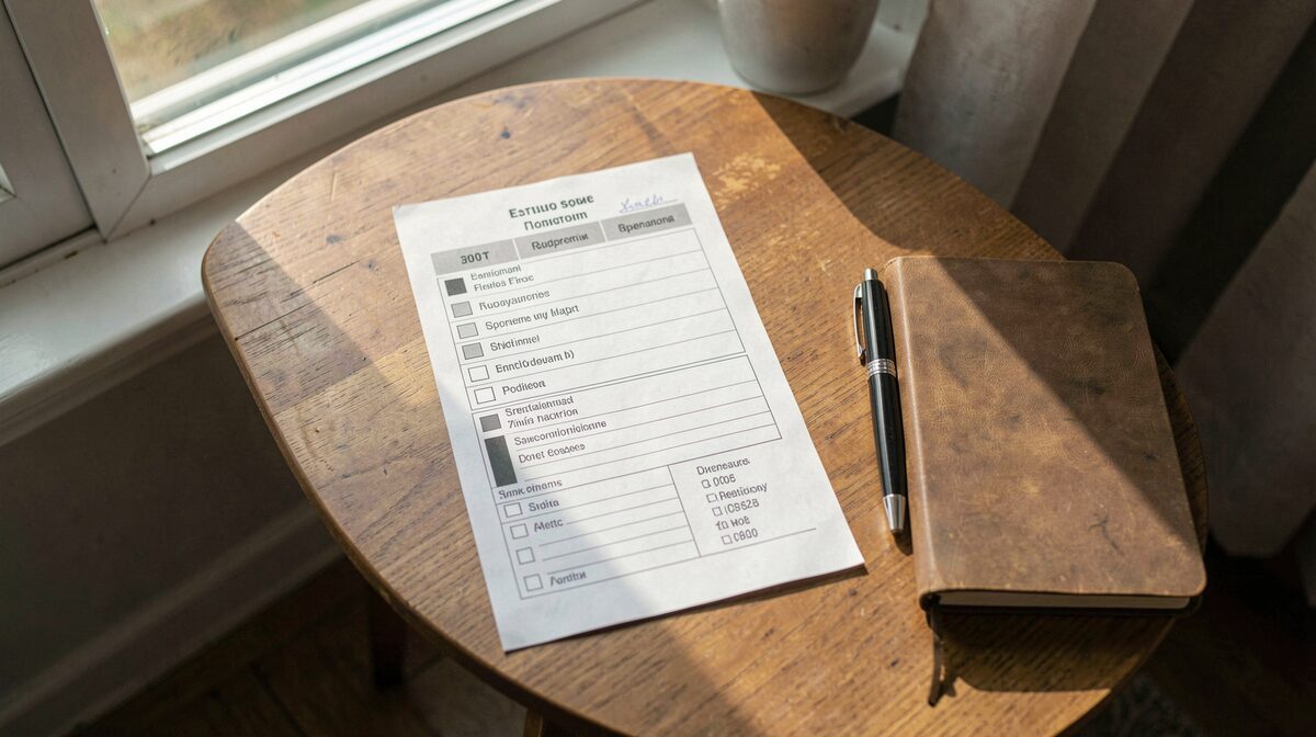 A small desk by a window with a printed checklist, a pen and a closed notebook, morning light across the pages, shot from above.