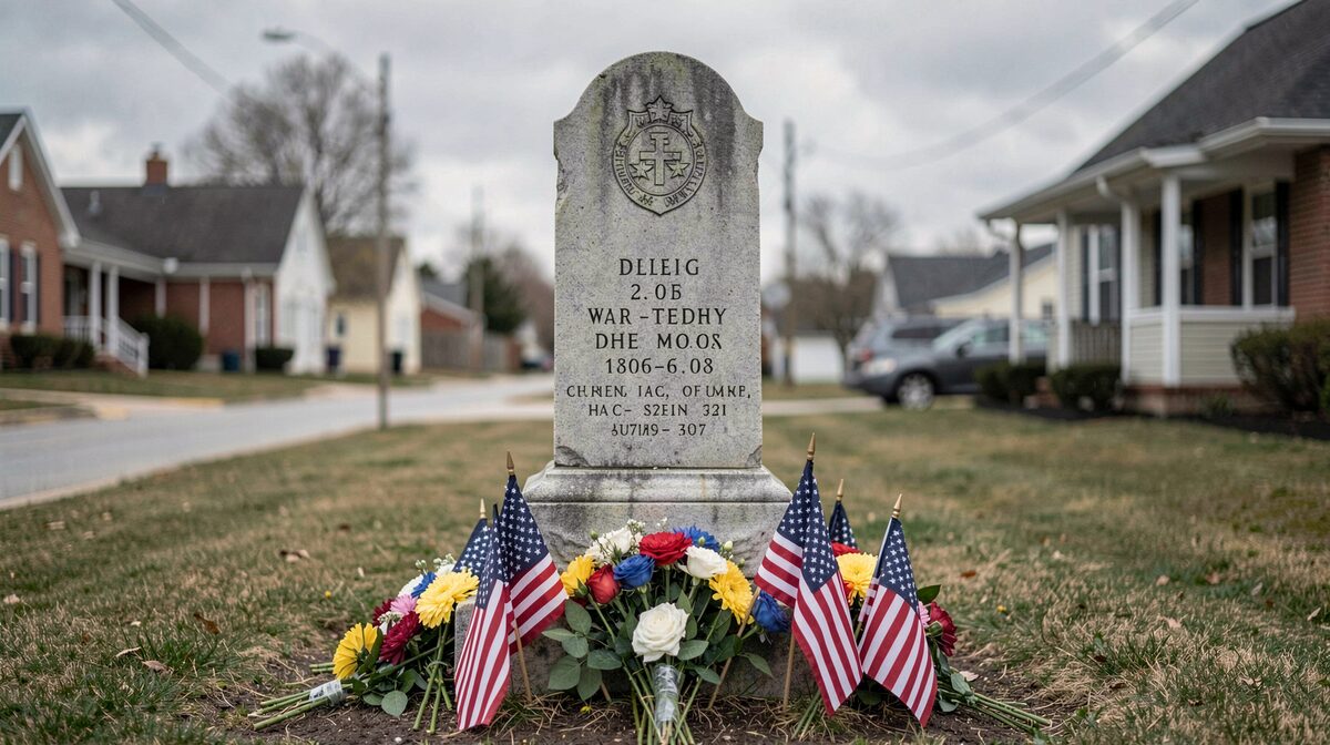 A small-town war memorial on a quiet morning, flowers and folded flags at the base, shot straight on in soft grey light.