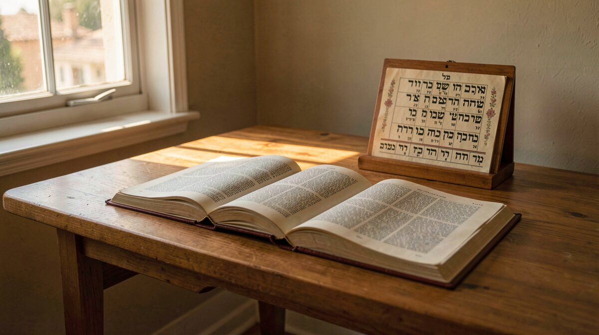 A wooden study table with open printed commentaries and a Hebrew calendar, lit by warm morning light from a side window, shot straight on at table height.