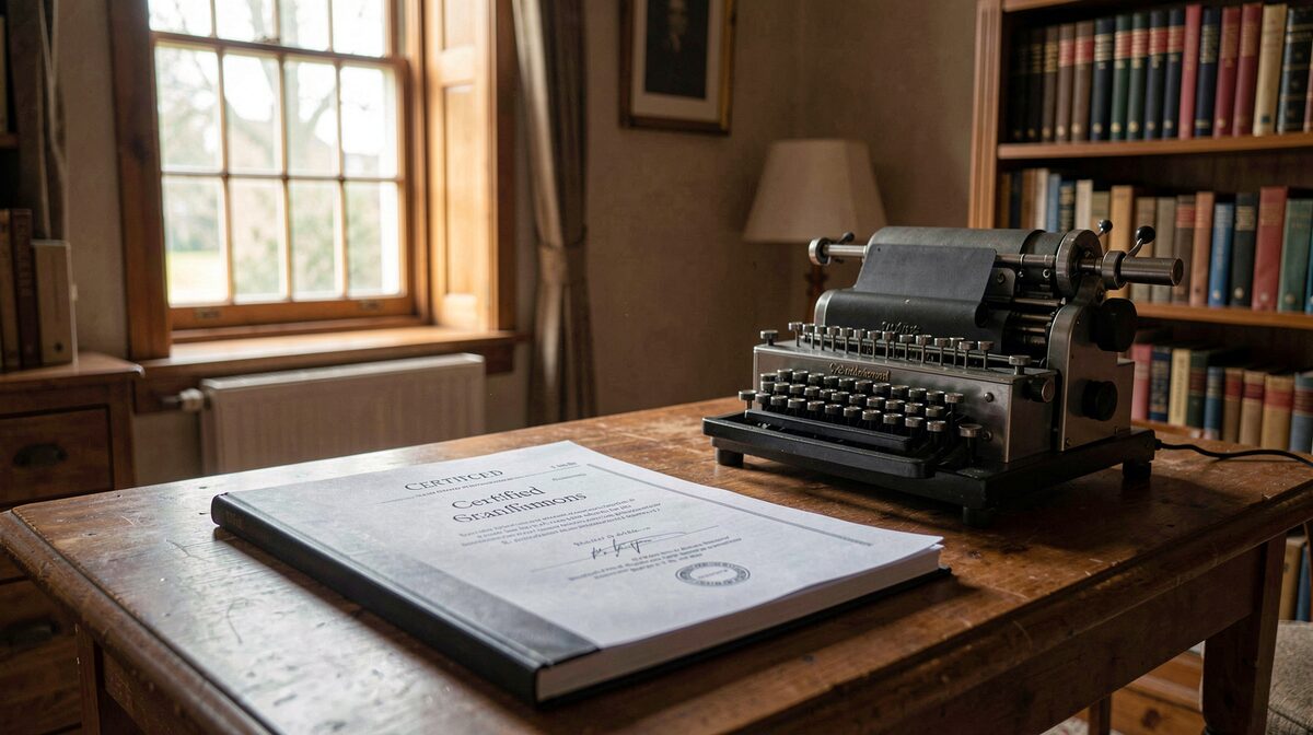 A quiet reading room with a closed certified transcript lying on a wooden table beside a stenograph machine, late afternoon light through a tall window, framed close on the objects.