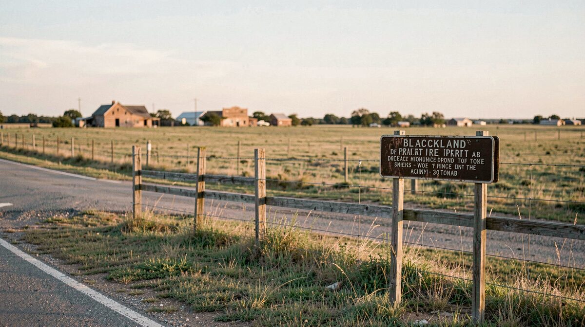 A Texas historical marker beside a fenced pasture road junction on the Blackland Prairie, late afternoon light, wide framing with empty land where a town once stood.